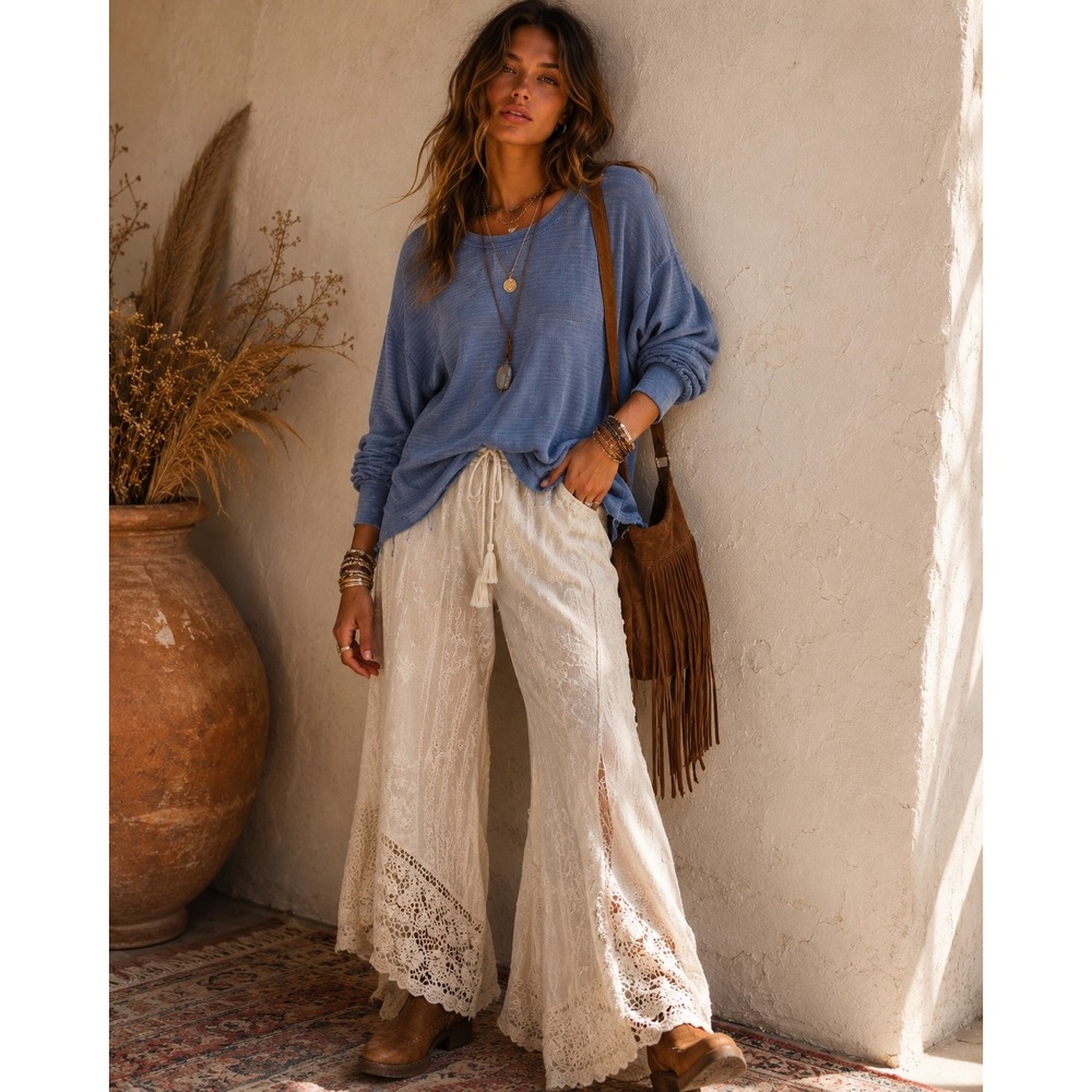 We The Free Free People Arlo Blue Textured Waffle Knit Distressed Top Small
